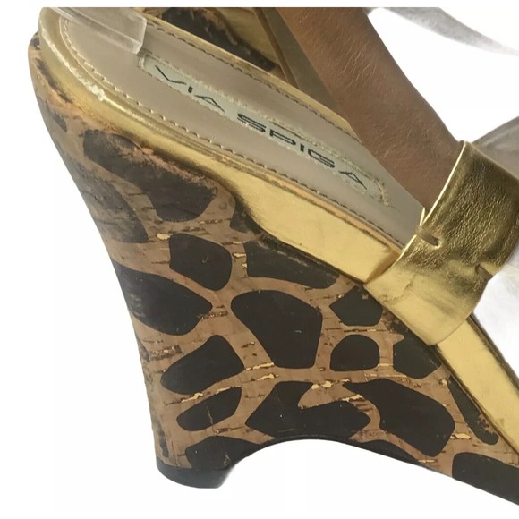 Via Spiga Camel and Gold Leather Slingback Cheetah Print Wedge Heels Size 9M - Picture 11 of 12